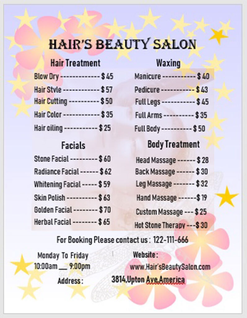 Price List Template For Hair Salon
