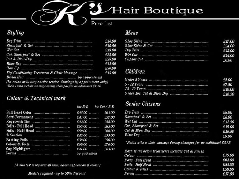 Hair Salon Prices List and Menu Design Ideas