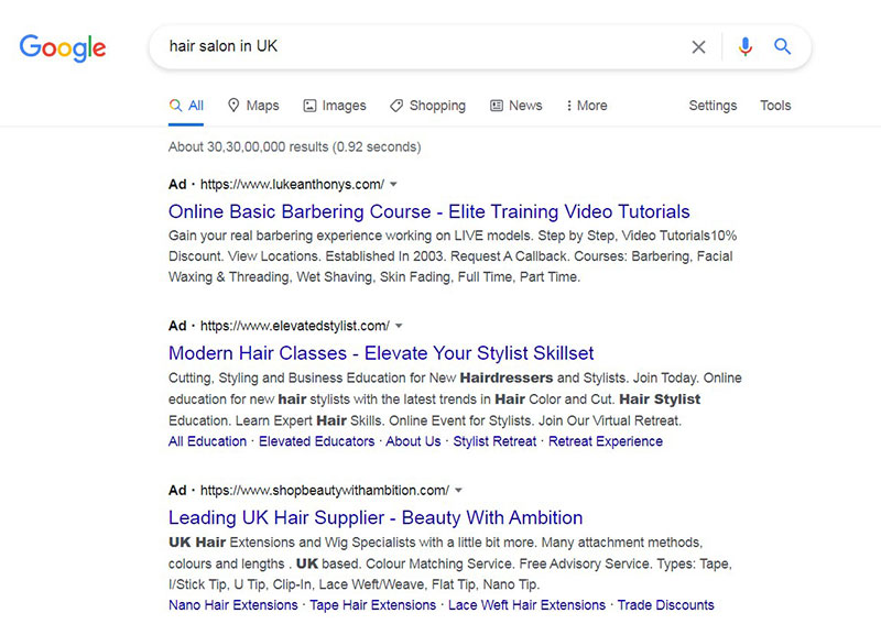 Google Ads example page