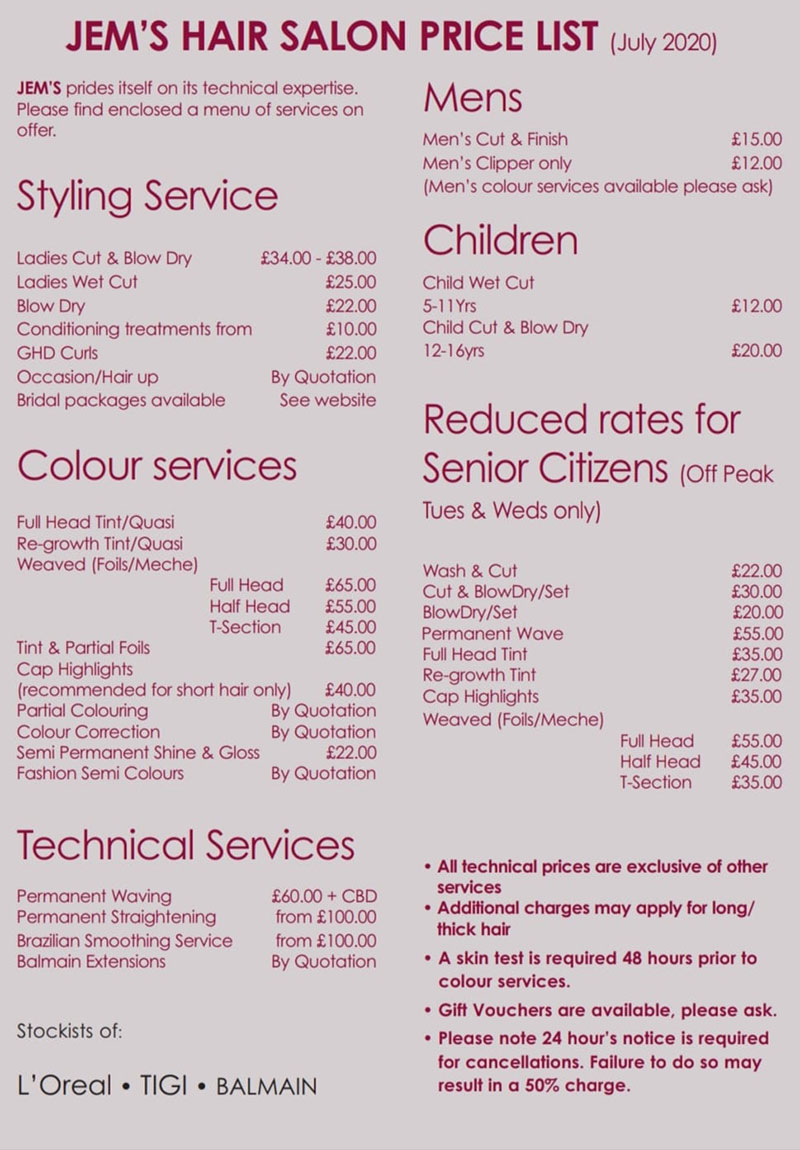 Beauty Salon Price List