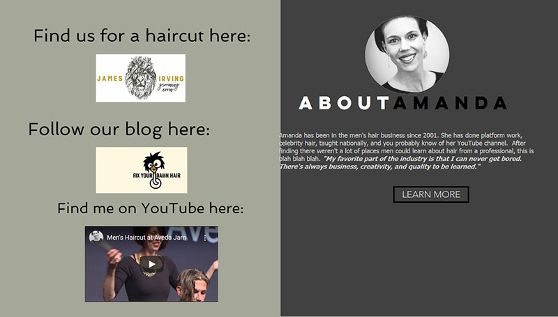 a salon about us page with socials and youtube video