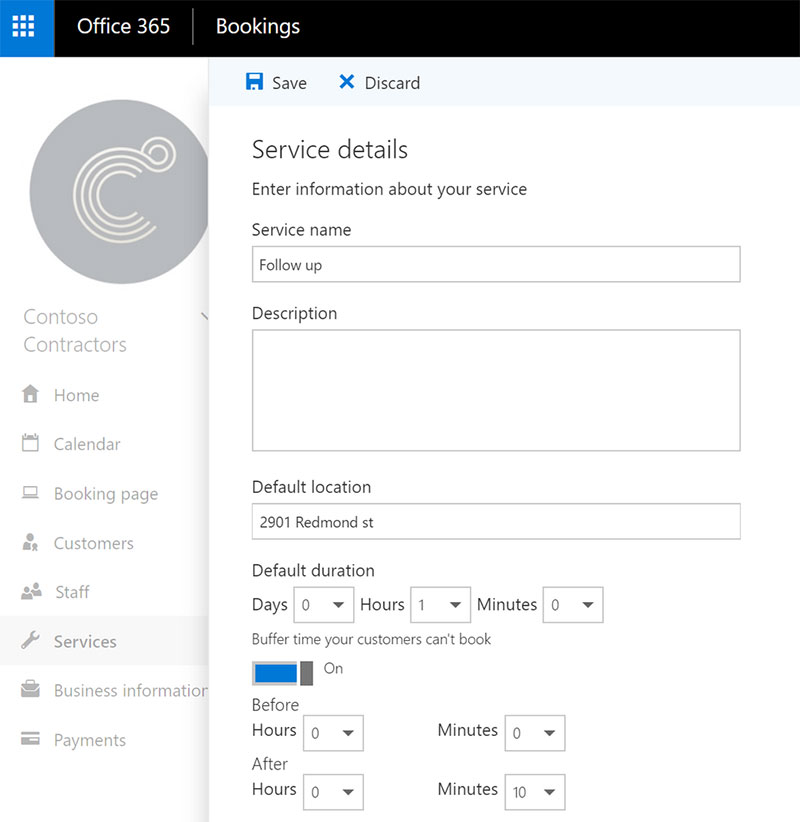 ms bookings services window