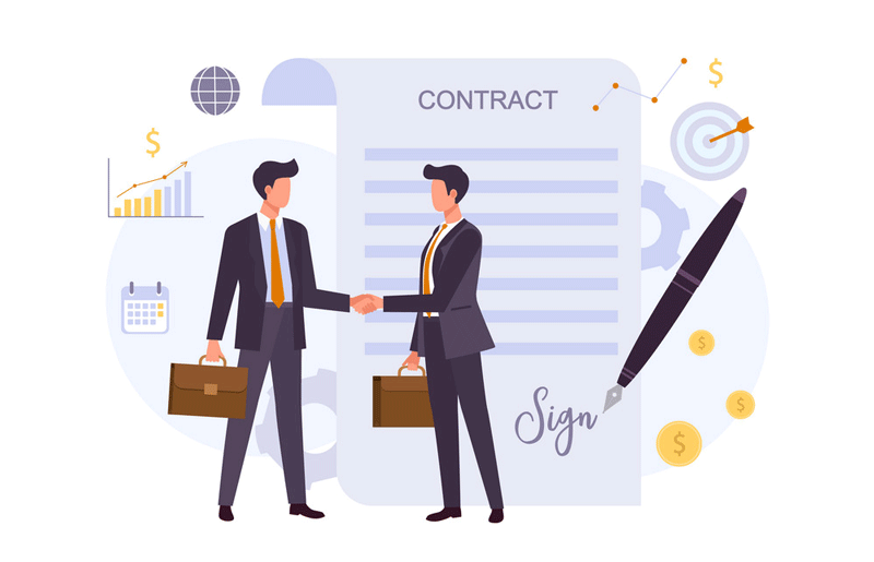 an illustration of two people shaking hands after signing a life coaching contract