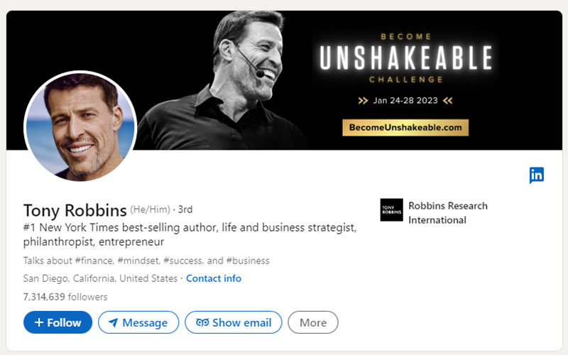 linkedin profile of tony robbins, life and business strategist; screenshot