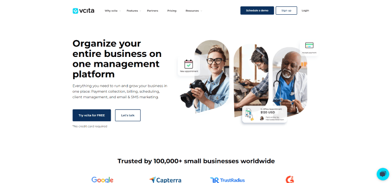 vcita business management and appointment scheduling platform homepage screenshot