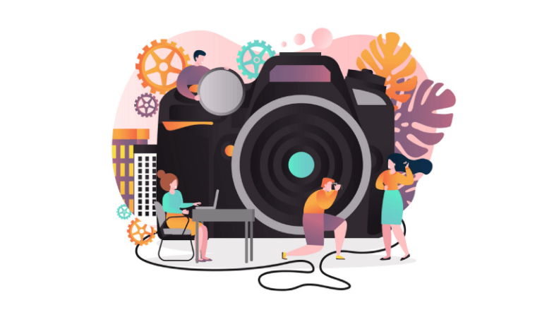 an illustration of a camera and a couple photographers surrounding it