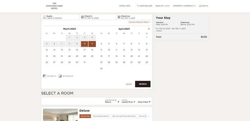 stanford park hotel booking page design screenshot