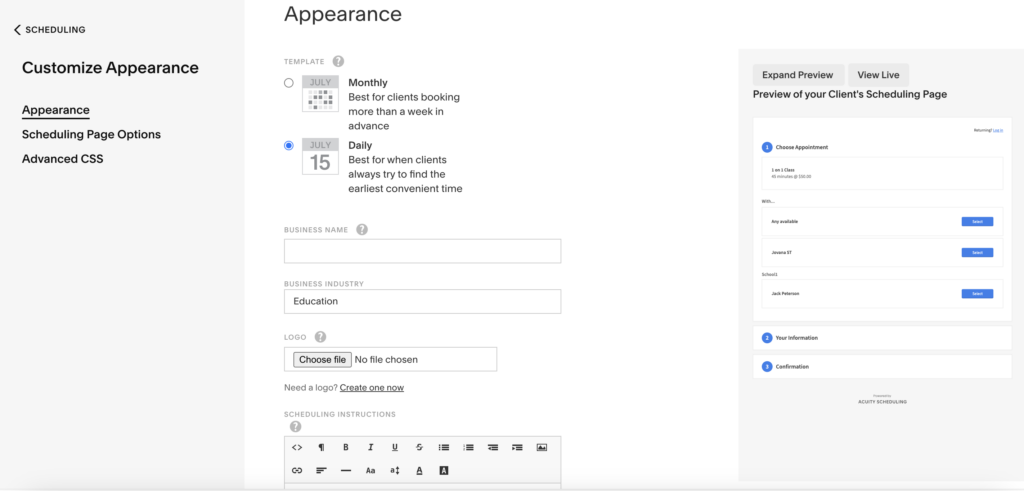 Acuity scheduling form customization options