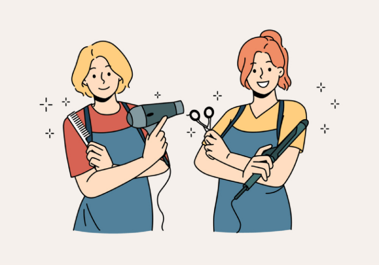 illustration of a two beauticians smiling and holding their tools