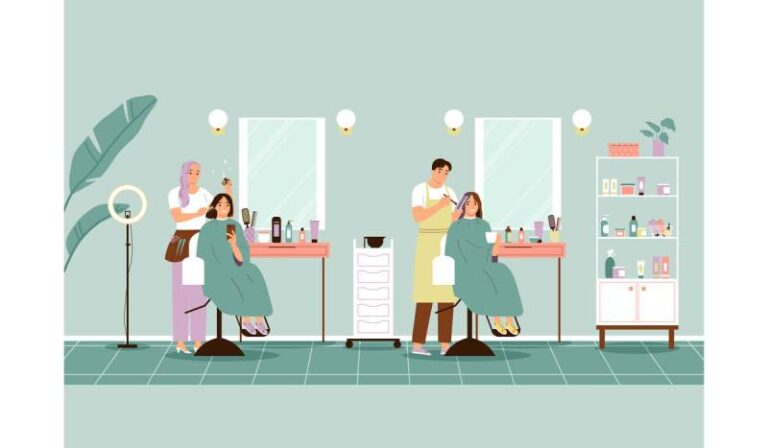 an illustration of beauty salon employees working with clients