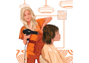 hair stylist uses a hair dryer on a client in a beauty salon