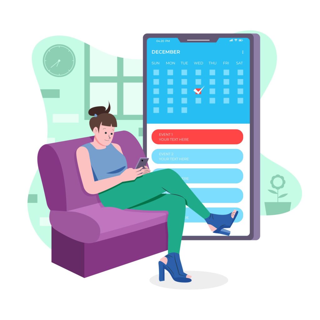 Illustration of woman sitting on a chair with a calendar in the background.