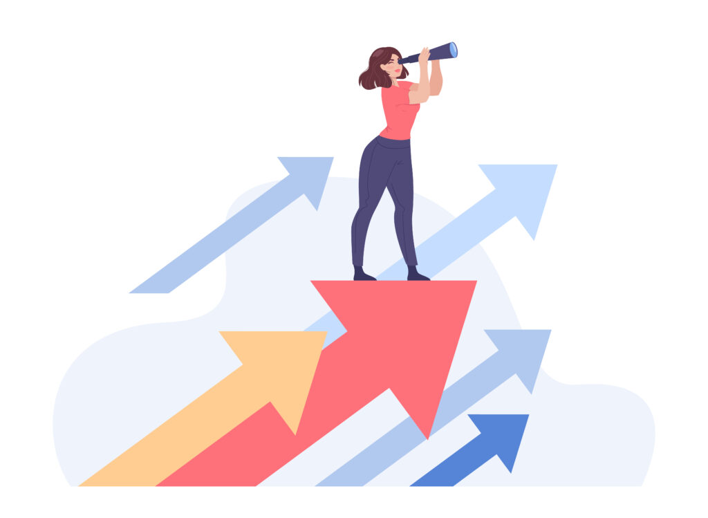 Girl standing on growing arrows and looking through binoculars. Woman searching for opportunity or job flat vector illustration. Business strategy, goal, pathway, career concept