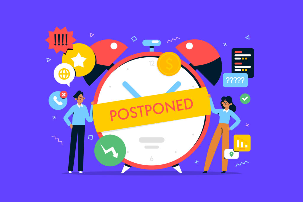Illustration of a clock that has written "postponed" in the center of it.
