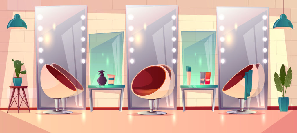 beauty salon interior with chairs, mirrors, and lighting