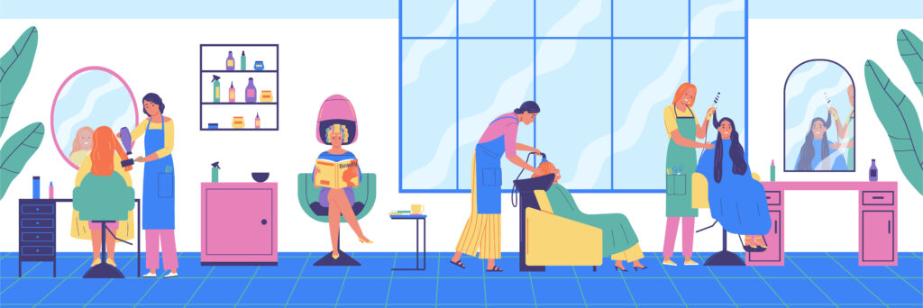 Hairdressing salon composition with characters of female workers and clients sitting on chairs combing drying hair vector illustration