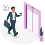 Illustration of a man walking in the building.