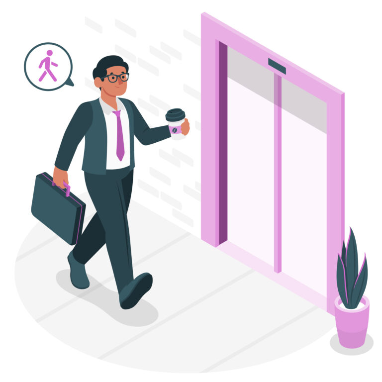 Illustration of a man walking in the building.