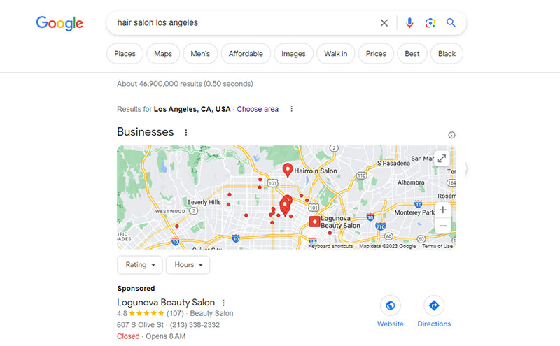 google ads example screenshot for a beauty salon
