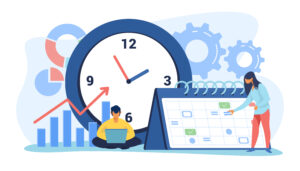 Timing and project scheduling. Managers working near calendar with marks and clock flat vector illustration. Time management, deadline concept for banner, website design or landing web page