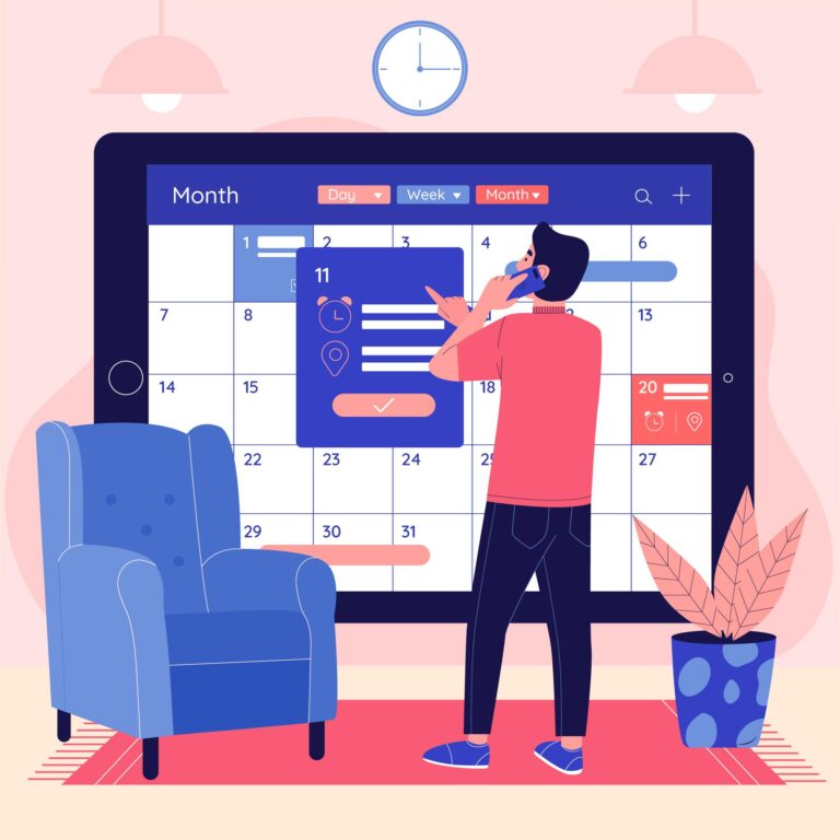 Illustration of a person standing in front of a calendar while making a phone call.