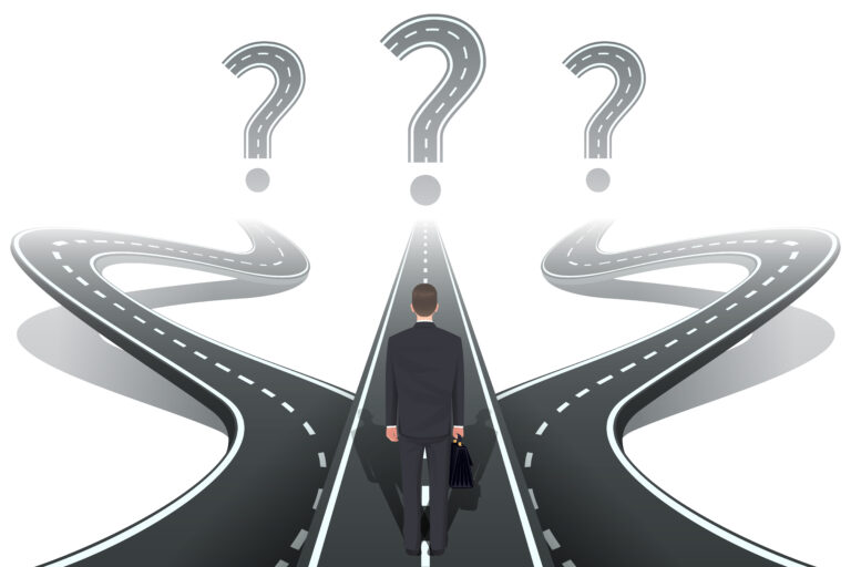 Businessman in front of question with roads. Crossroad and dilemma, choose three, choice and intersection, vector illustration