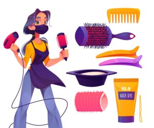 hair stylist with different hair styling equipment