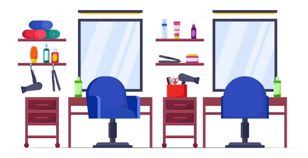 Interior of empty hairdressing salon cartoon illustration set. Hair design studio or beauty salon with furniture, mirror, chairs, hairdryer and equipment for hairstyle. Occupation, service concept