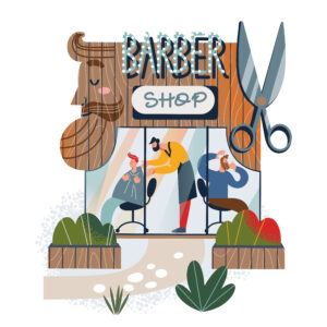 Barber shop building facade with customers, small local barbershop with scissors on signboard and storefront window, salon with hairdresser cutting mans hair