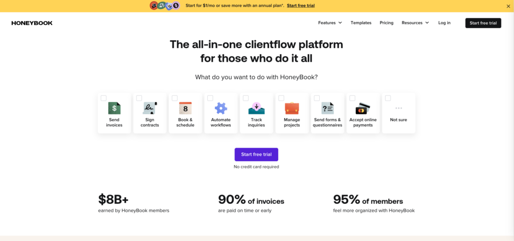 Honeybook homepage screenshot