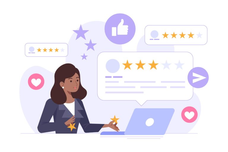 a persong asking clients for reviews illustration