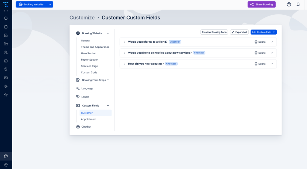 An example of using a custom field feature to gather more information about the client.