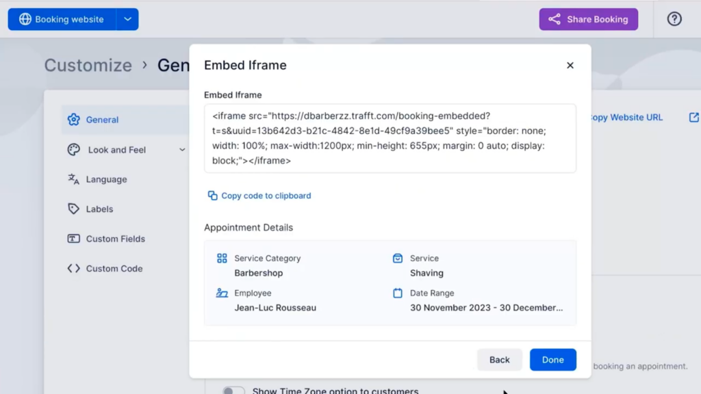 code for trafft embed iframe