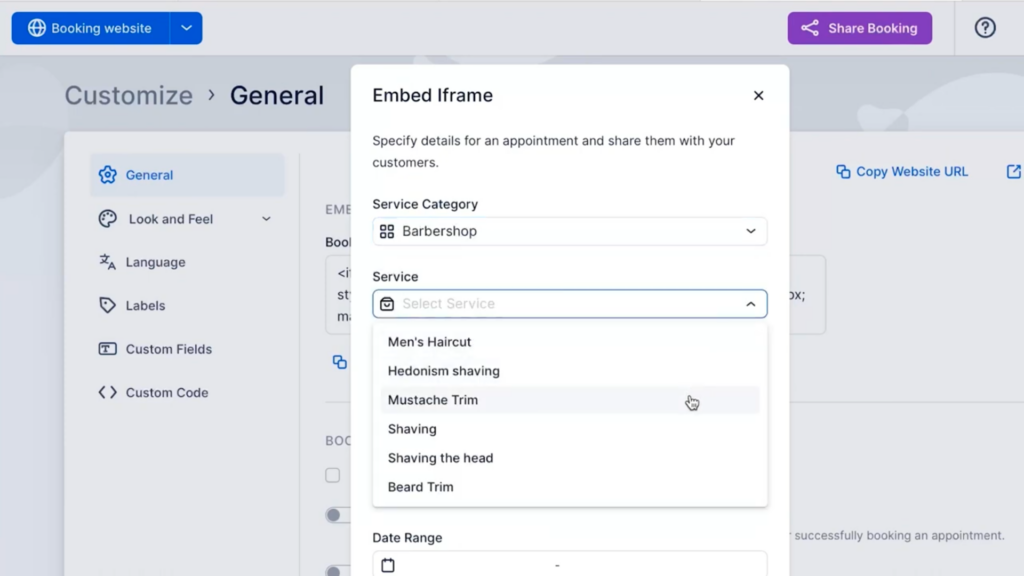 trafft embeded iframe - selection of which fields to include in the booking form 