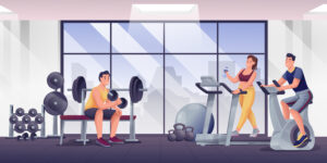 starting a gym and having people exercise inside illustration