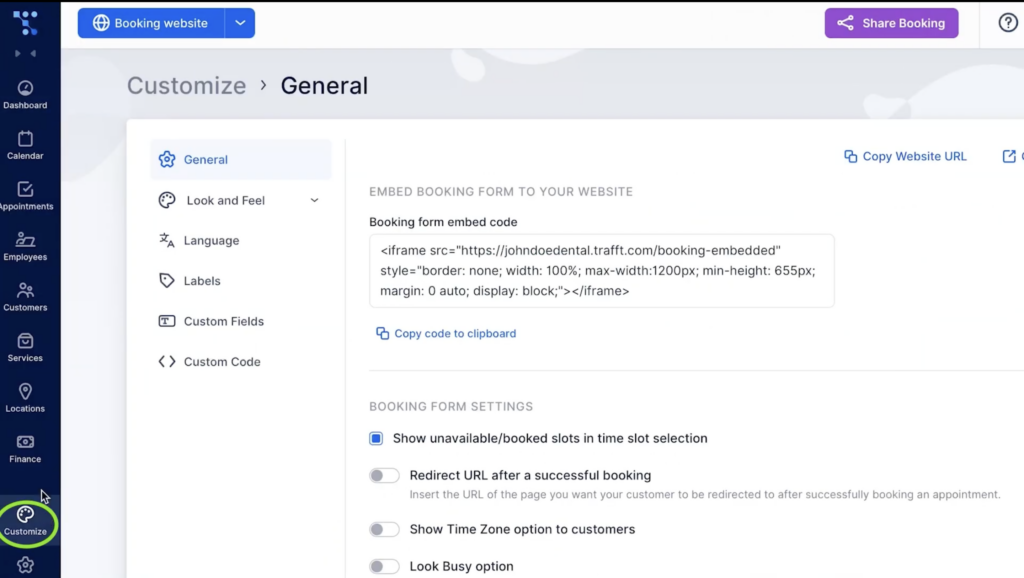 General settings for customizing Trafft's booking website