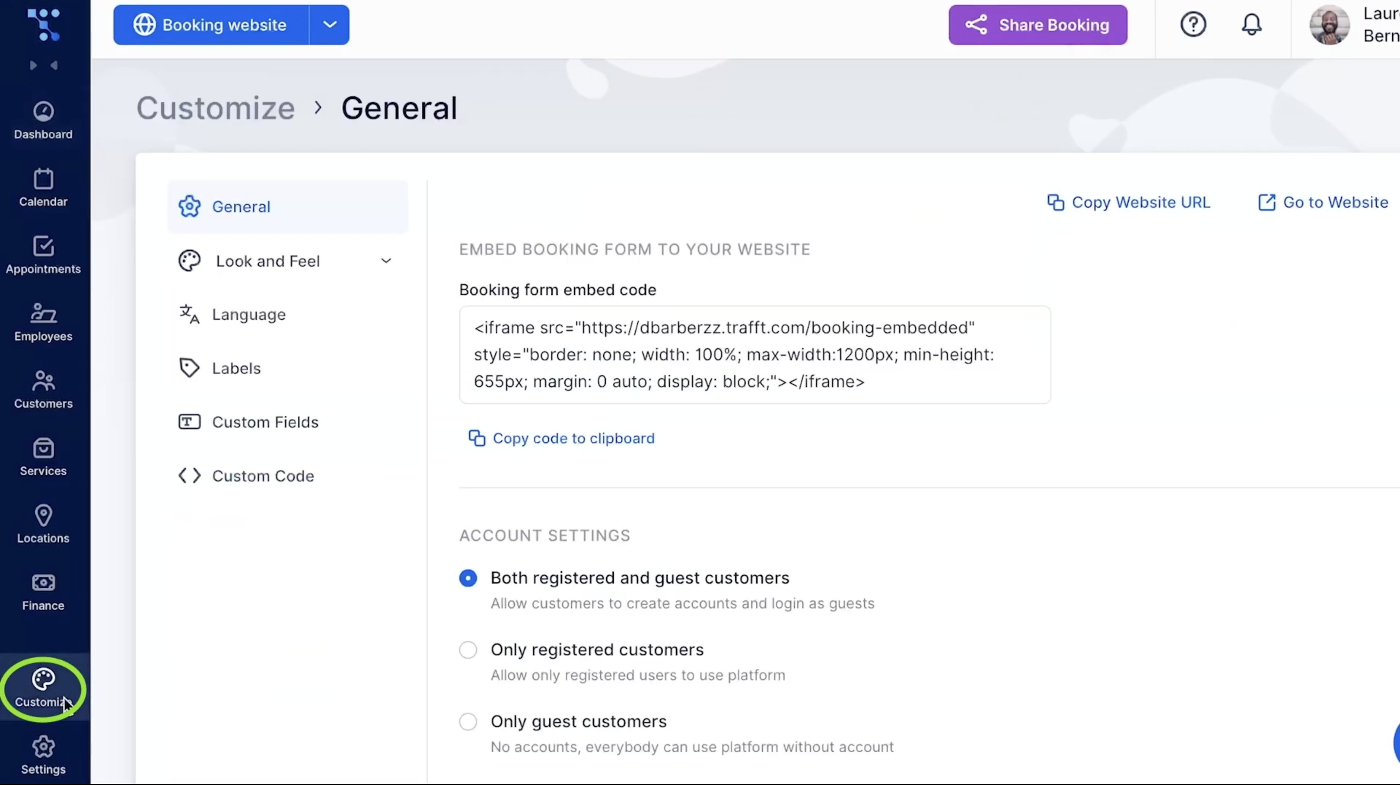 Trafft's settings for changing the appearance of your booking website. 