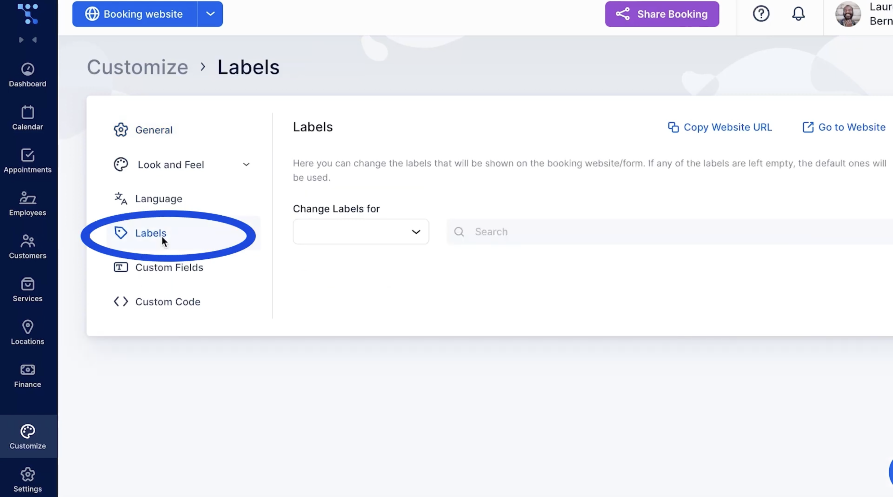 Labels settings where you can customize the labels used throughout your booking form