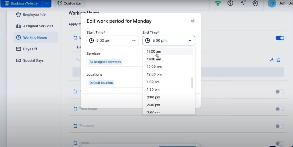 edit working hours trafft scheduling software