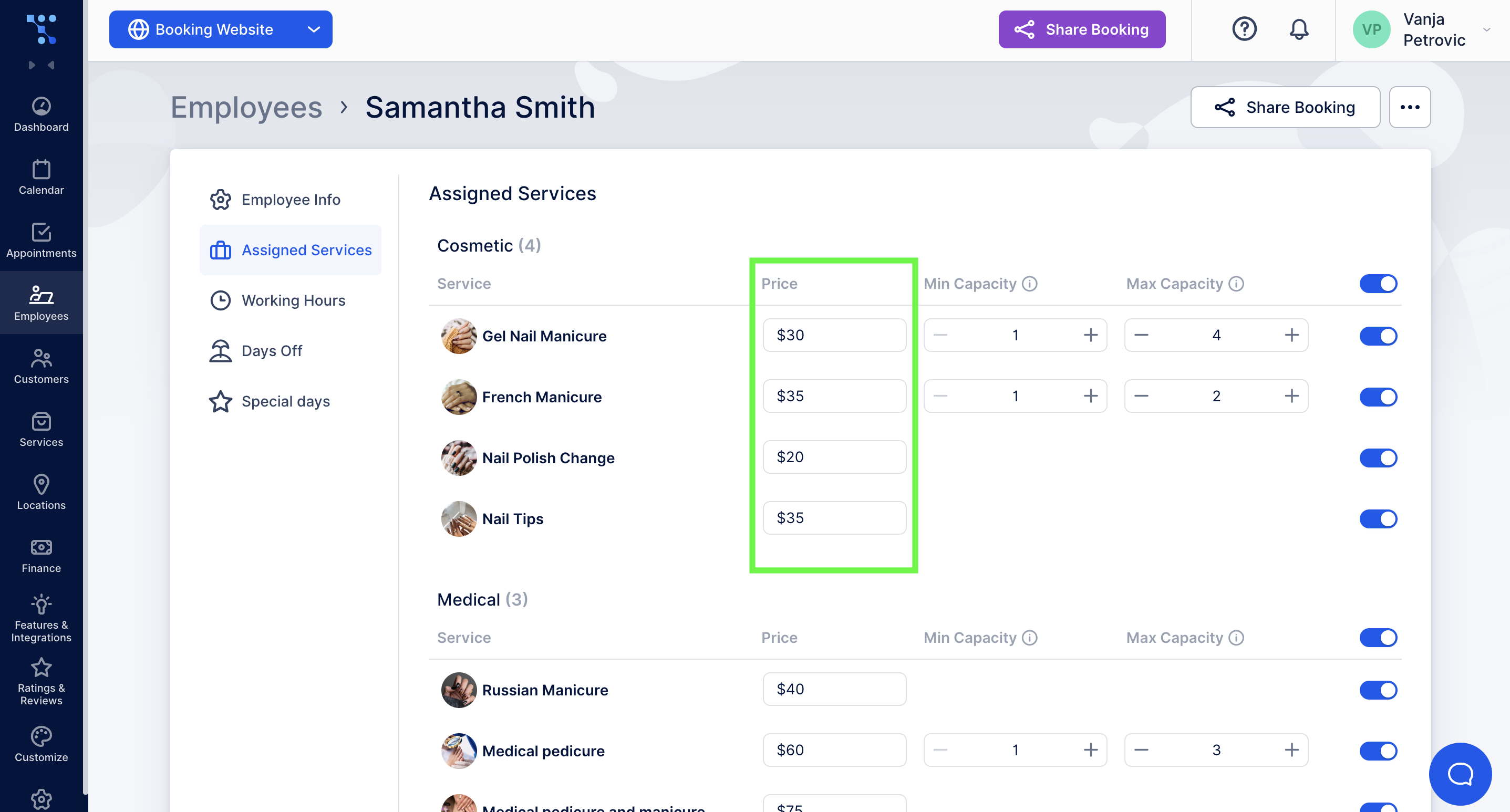 Service price customization for a specific employee