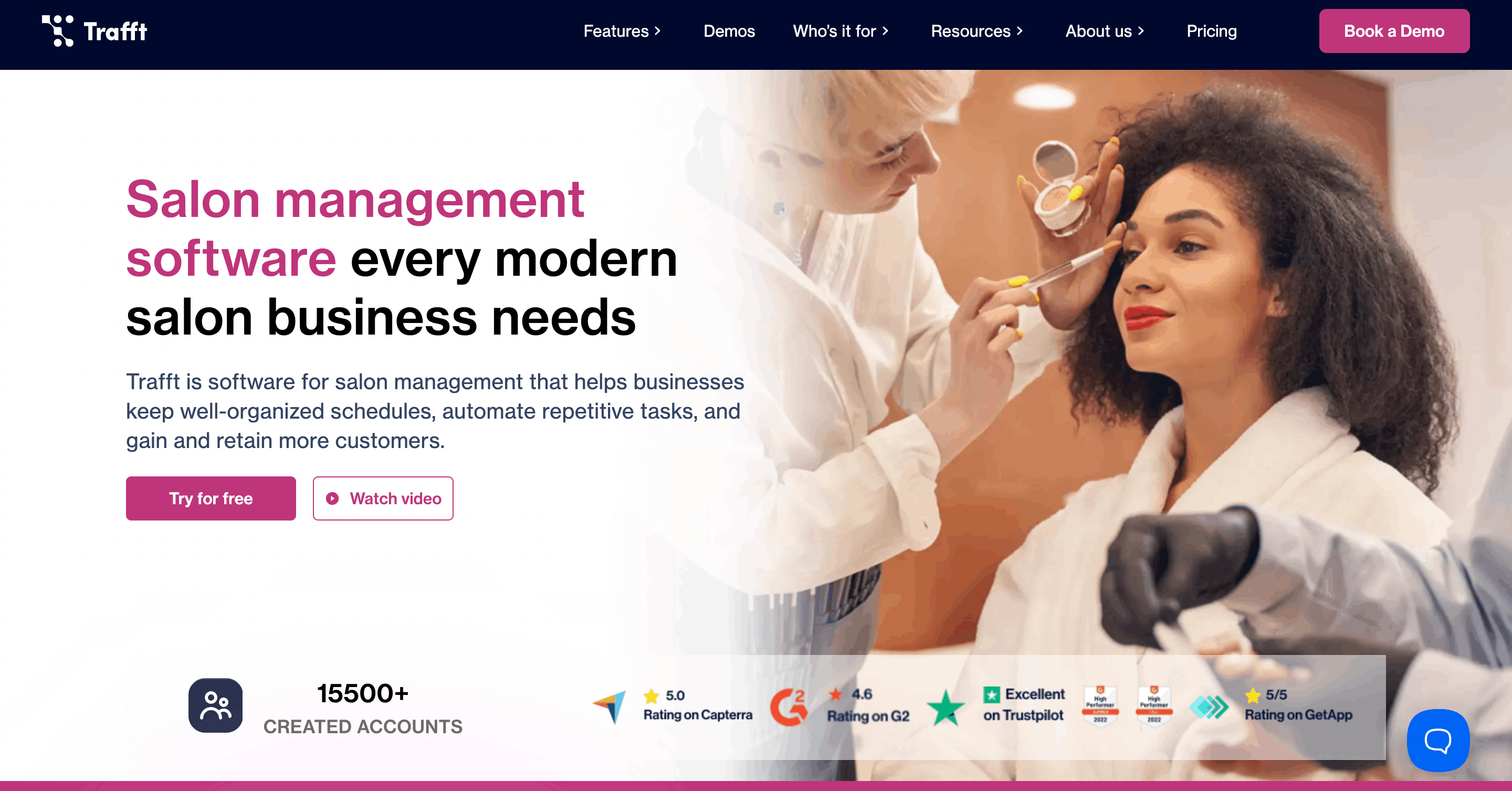 Trafft salon management software landing page