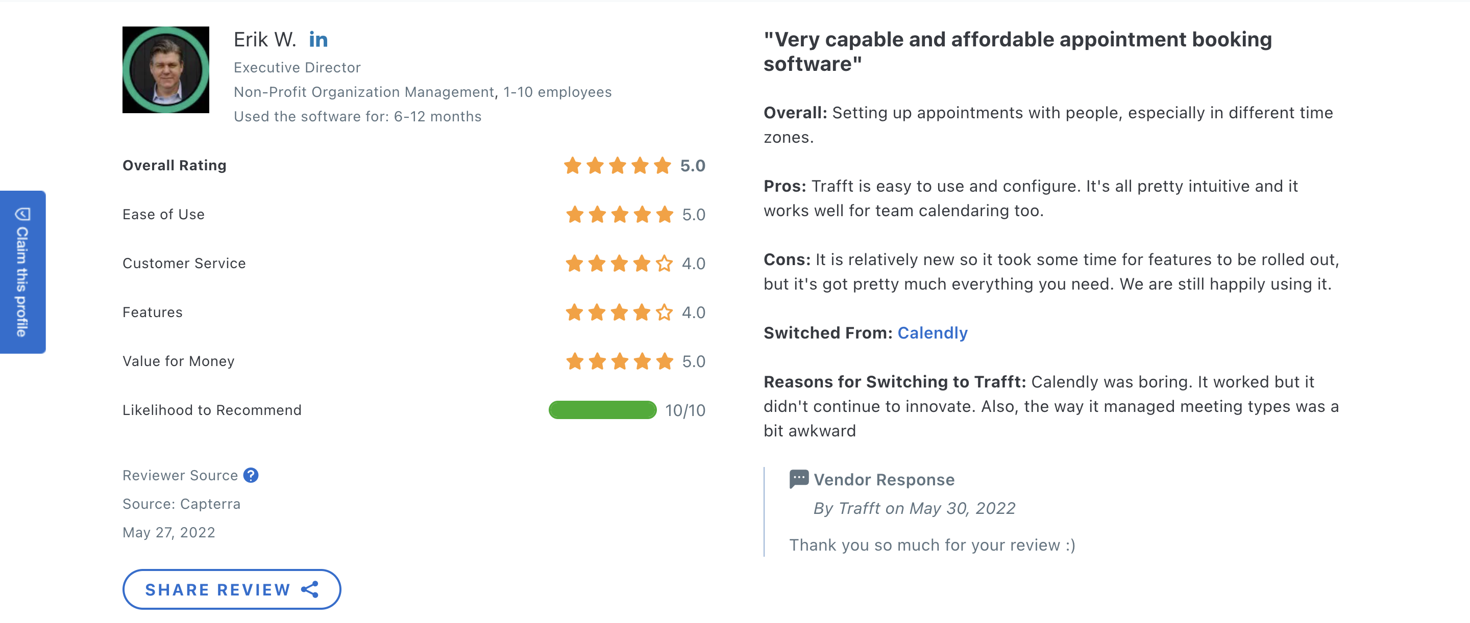 Customer review by a former Calendly user who switched over to Trafft.