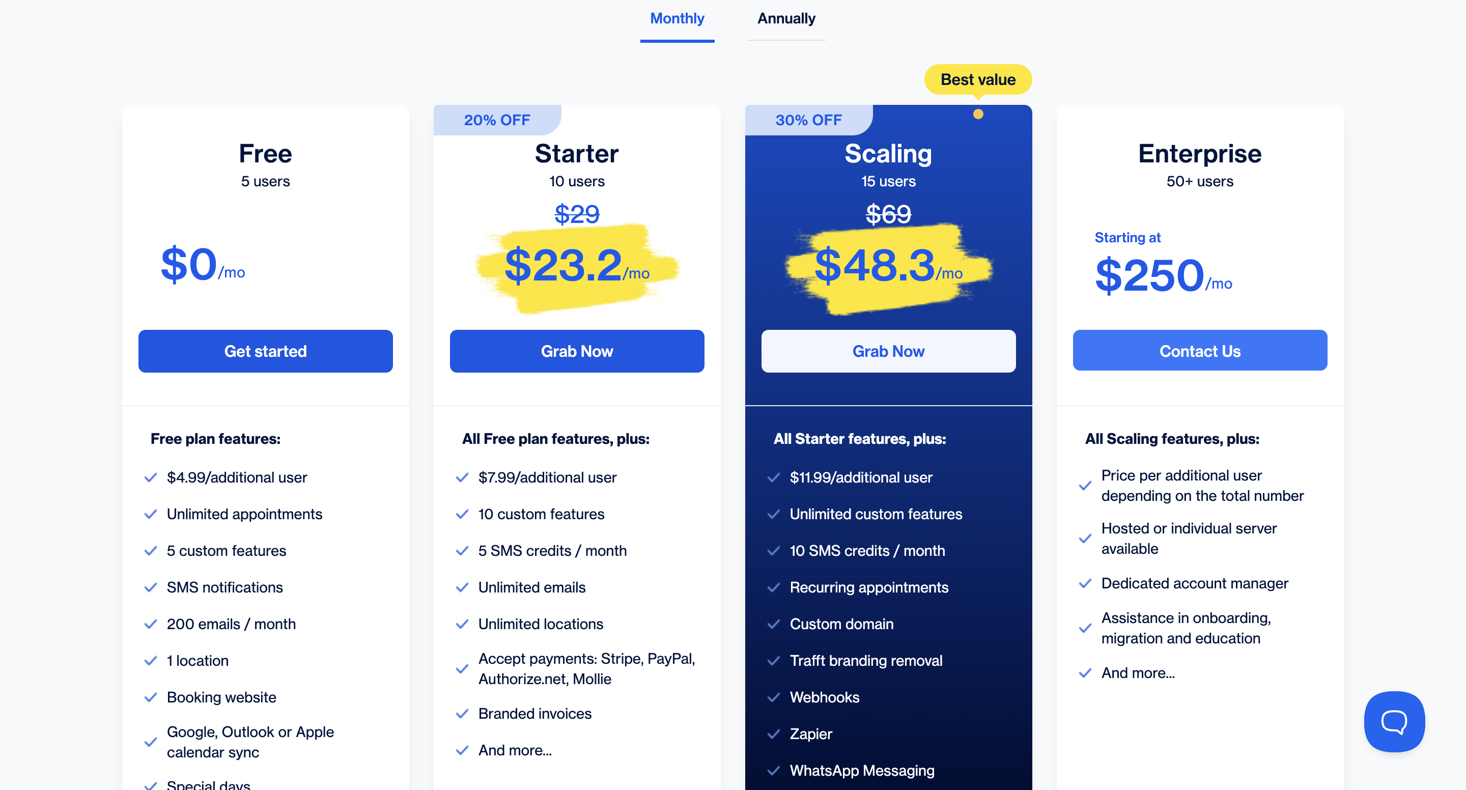 Trafft pricing plans with monthly subscription 