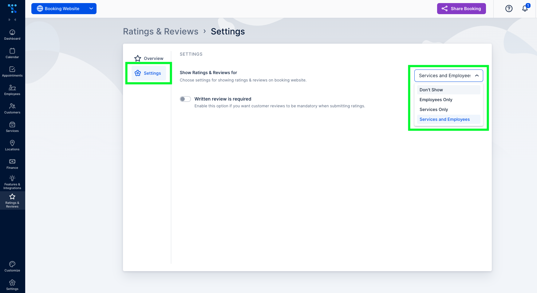 Ratings and reviews settings