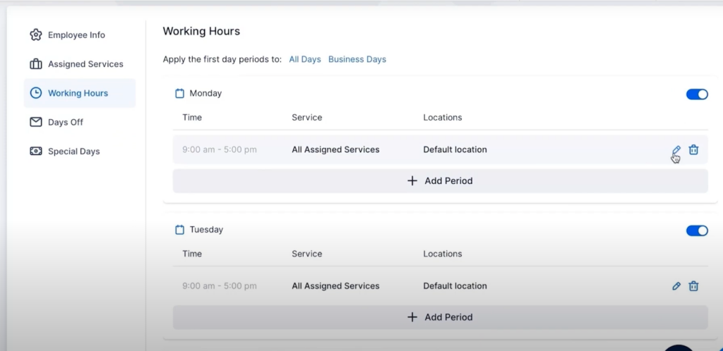 setting working hours in trafft