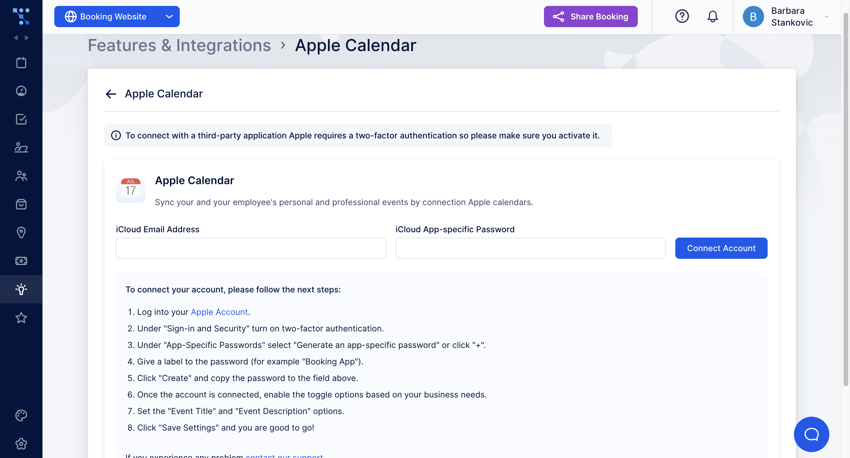 Apple Calendar set up in Trafft