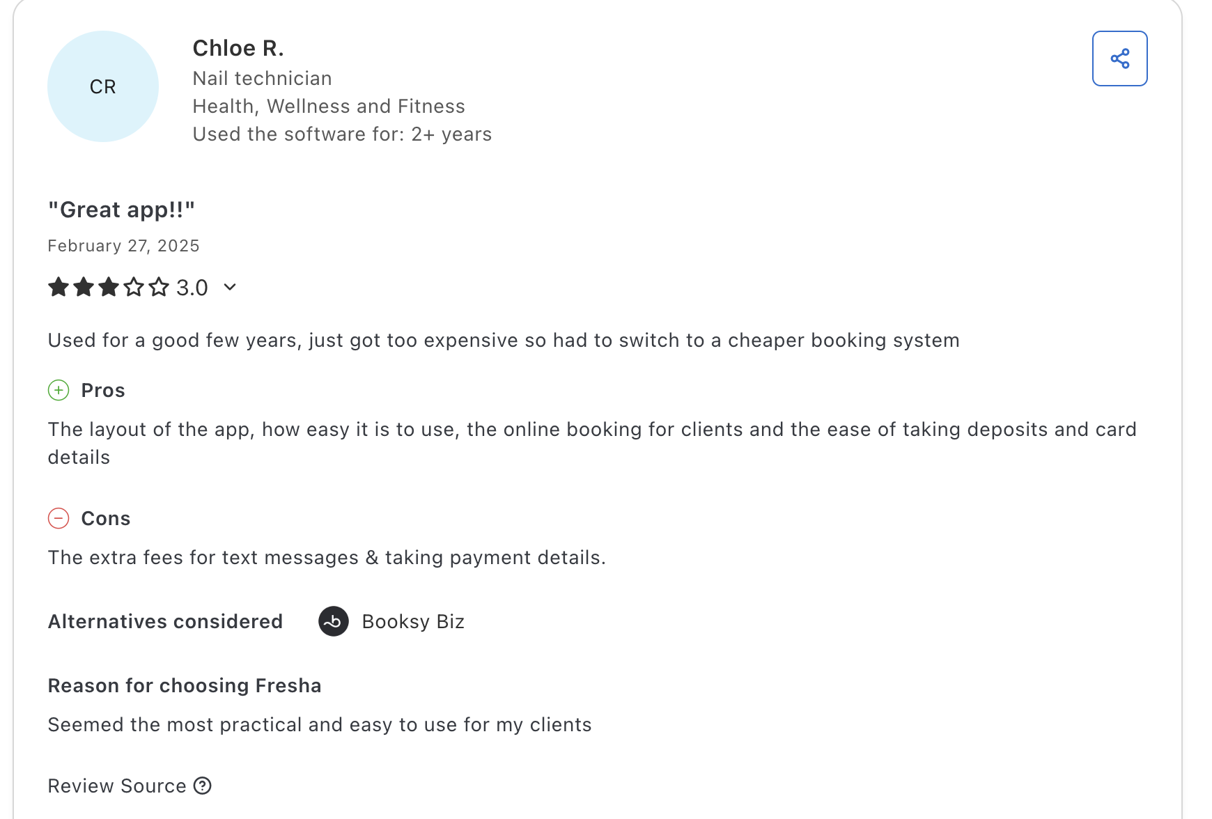 Fresha review by a customer