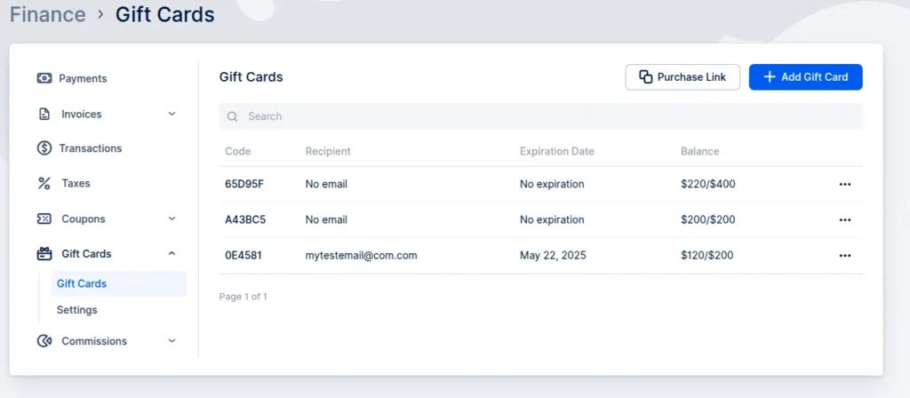 trafft gift cards screen