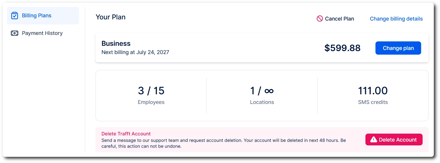 trafft-billing-section The Billing section overview, showing the number of employees, locations and remaining SMS credits