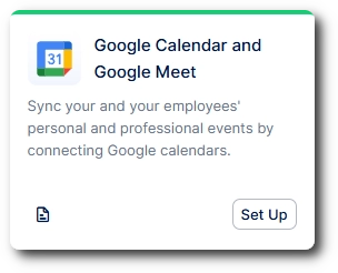 Google Calendar and Google Meet card with Set Up button in Integrations